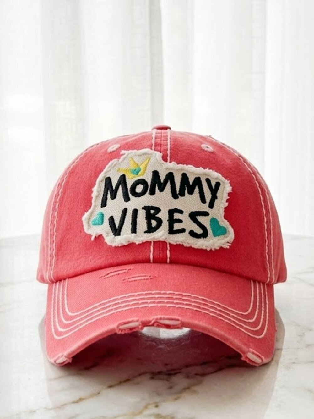Ladies Coral Mommy Vibes Distressed Baseball Hat